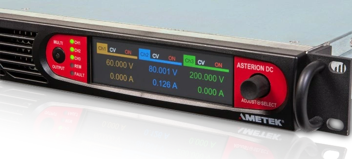 Sorensen (AMETEK) Asterion ASA Mehrkanal-DC-Netzgerät für Elektroniktests und automatisierte Prüfsysteme (ATE), Detailansicht des Touch-Bedienfelds; Serienabbildung.