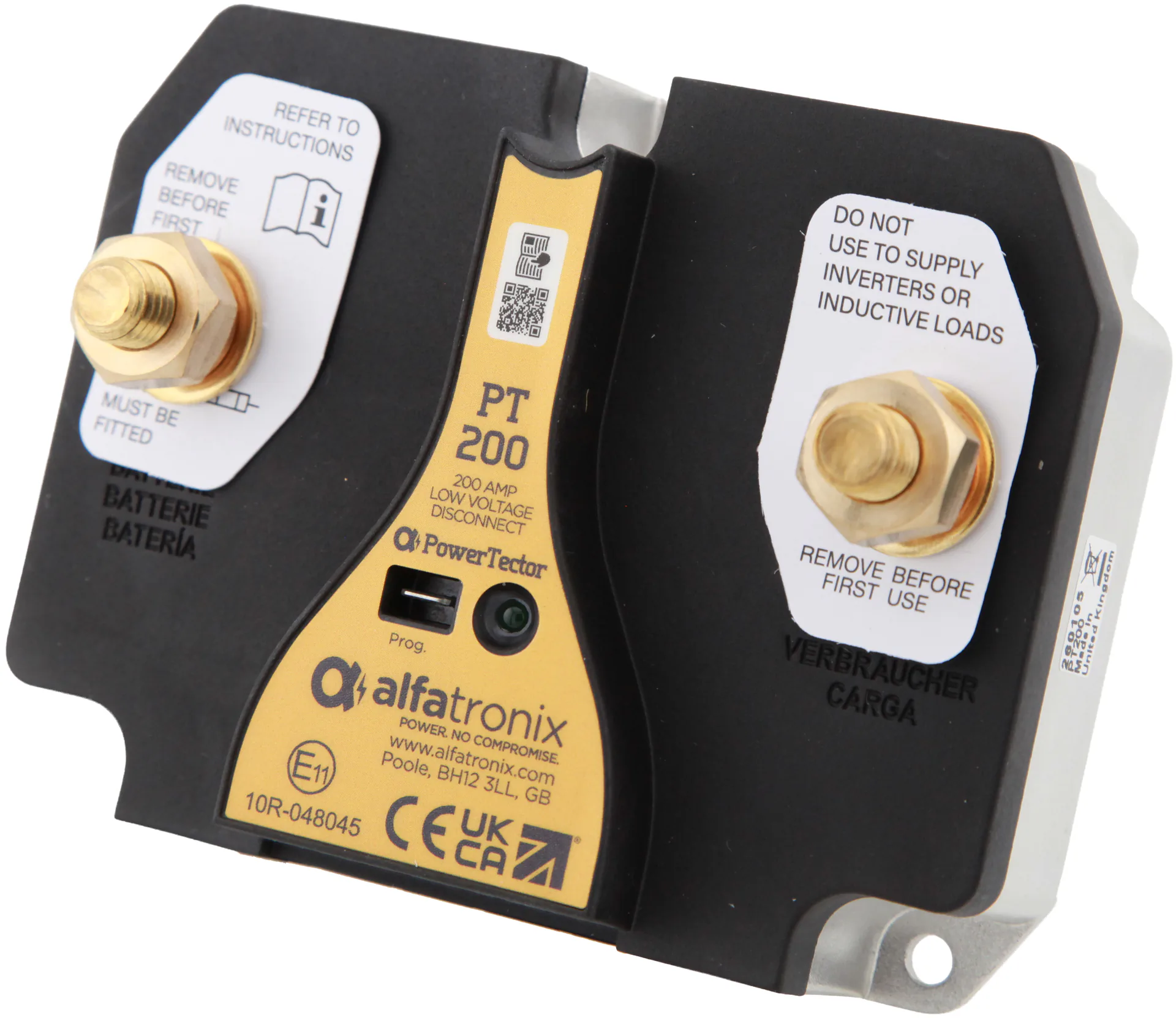 Alfatronix PowerTector PT200 Batterieschutz gegen Tiefentladung mit gelbem Typenschild und zwei Schraubanschlüssen.