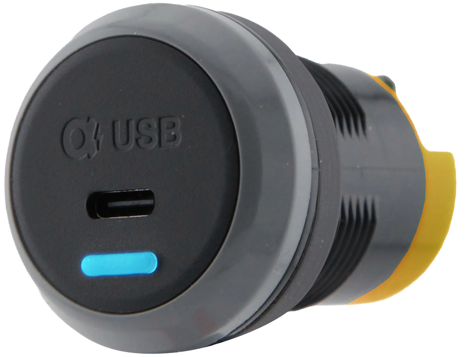 Alfatronix PV65R-C USB-Ladegerät zum Fahrzeugeinbau mit runder Front, einem USB-C-Anschluss und blauer Anzeige.