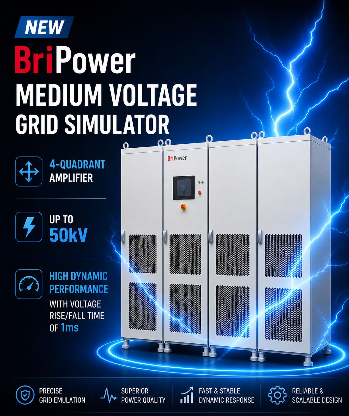Produktgrafik des BriPower MVGS mit Systemschrank für Mittelspannungs-Netzsimulation, Wechselrichterprüfung und Netzintegration.