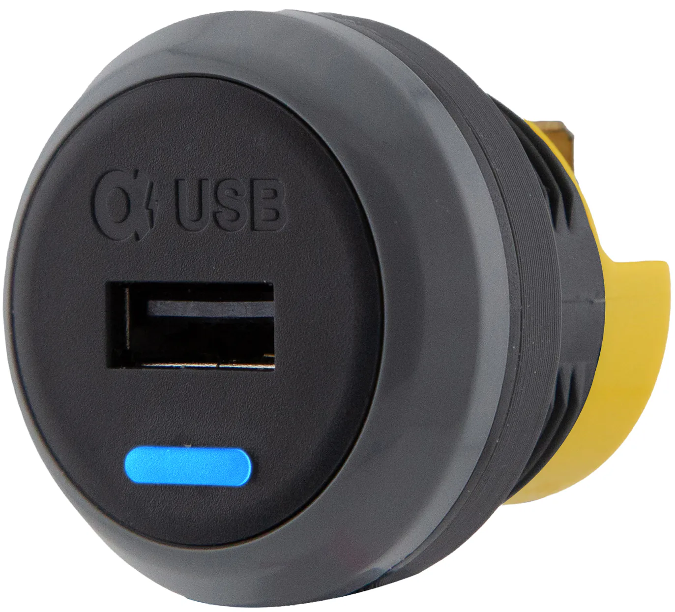 Alfatronix PVPWp-A USB-Ladegerät zum Fahrzeugeinbau mit runder Front, einem USB-A-Anschluss und blauer Anzeige.