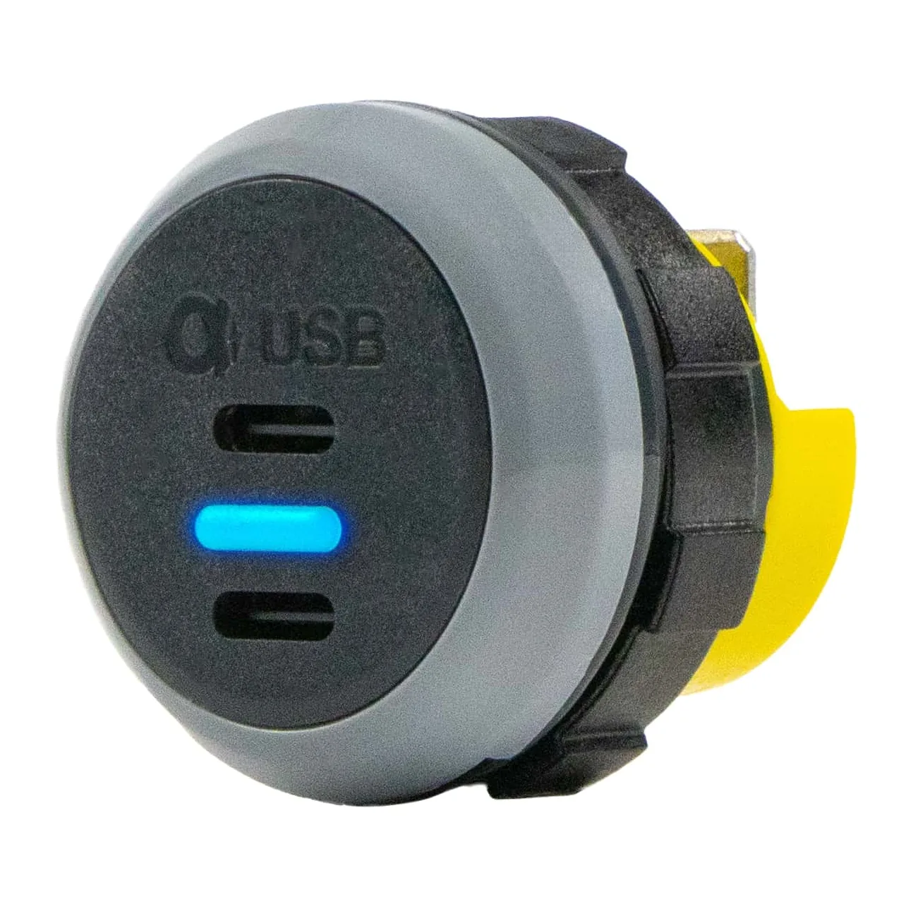 Alfatronix PVPWp-CC Dual-USB-C-Ladegerät mit zwei Ladebuchsen, grauem Frontring und gelbem hinterem Gehäuse.