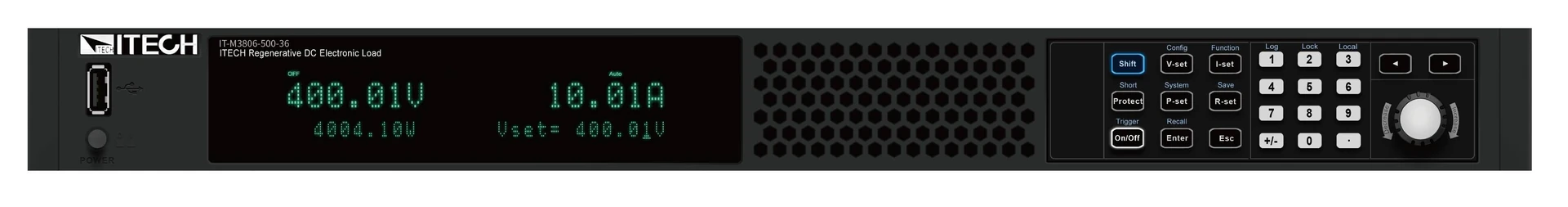 Serienabbildung ITECH IT-M3800: Rückspeisefähige DC-Last in Frontansicht mit flachem Gehäuse, Display und Tastenfeld für Netzteilprüfung und Batterietests.