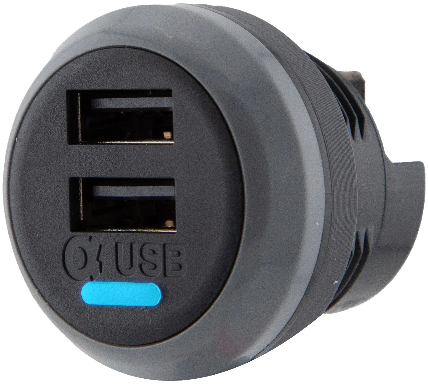 Alfatronix PVPro-AA USB-Ladegerät zum Fahrzeugeinbau mit runder Front, zwei USB-A-Anschlüssen und blauer Anzeige.