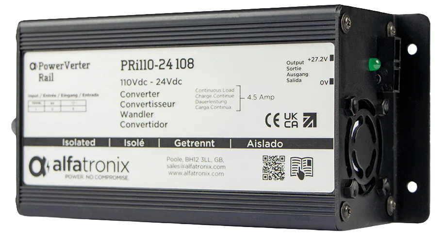 Alfatronix PRi110-24 108 DC/DC-Spannungswandler mit weißem Typenschild und seitlicher Befestigungsplatte.