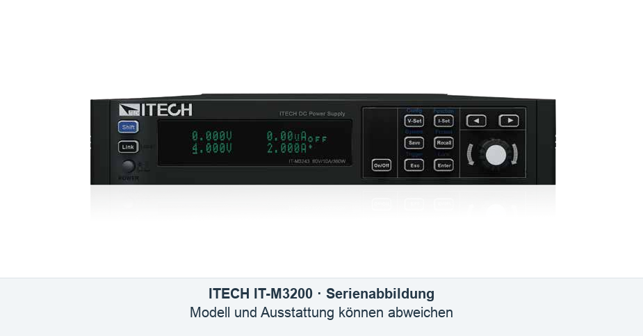 Serienabbildung ITECH IT-M3200, Frontansicht: Präzisions-DC-Netzgerät für Halbleitertests, Sensortests und IoT-Elektronik. Modell und Ausstattung können abweichen.