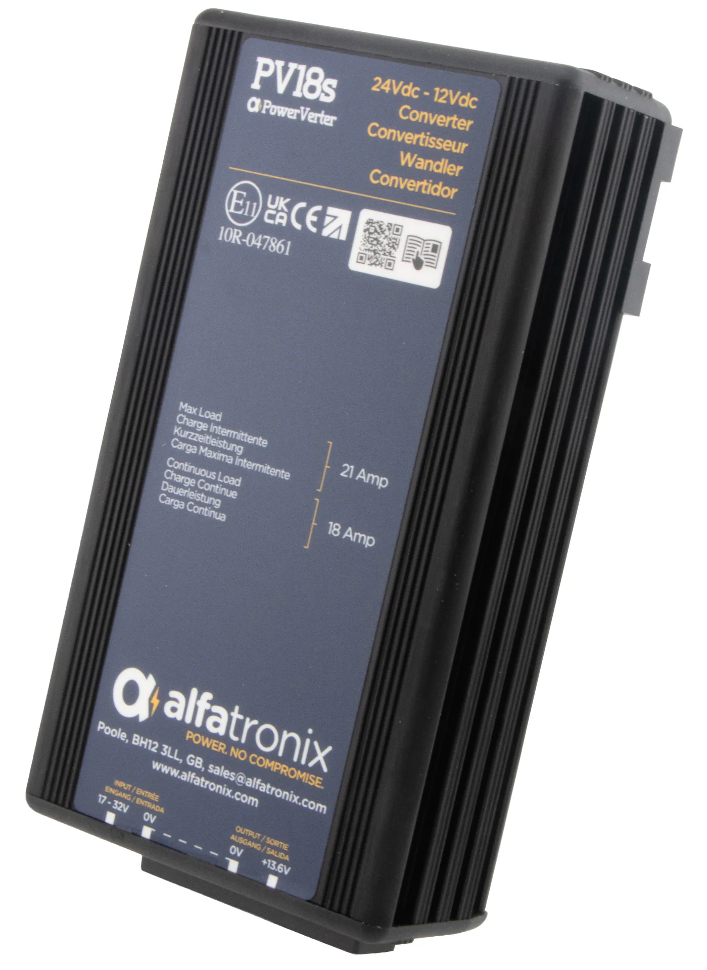Alfatronix PV18s DC/DC-Spannungswandler mit schwarzem Kühlrippengehäuse und sichtbarem Typenschild.