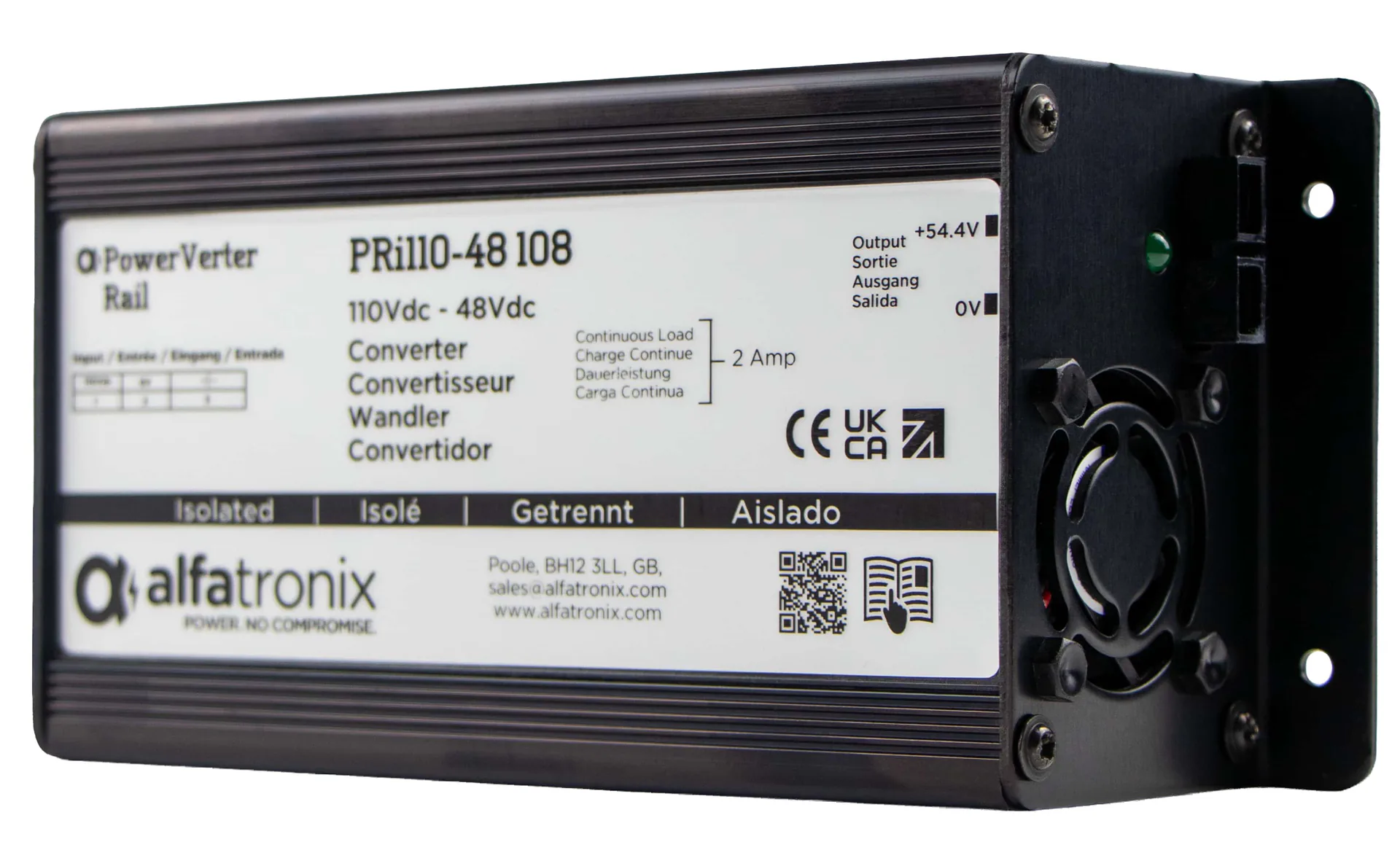 Alfatronix PRi110-48 108 DC/DC-Spannungswandler mit weißem Typenschild und seitlicher Befestigungsplatte.