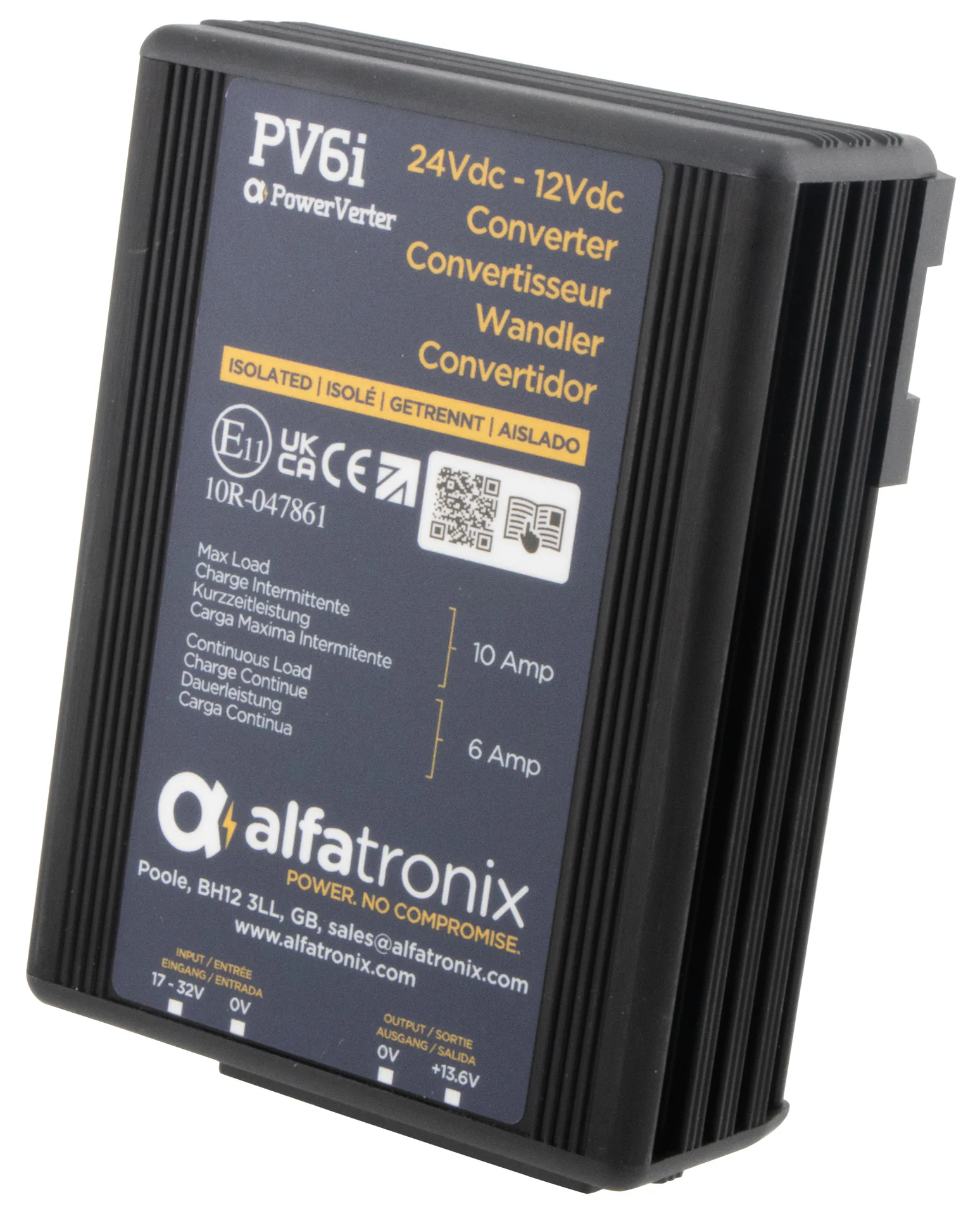 Alfatronix PV6i DC/DC-Spannungswandler mit schwarzem Kühlrippengehäuse und sichtbarem Typenschild.