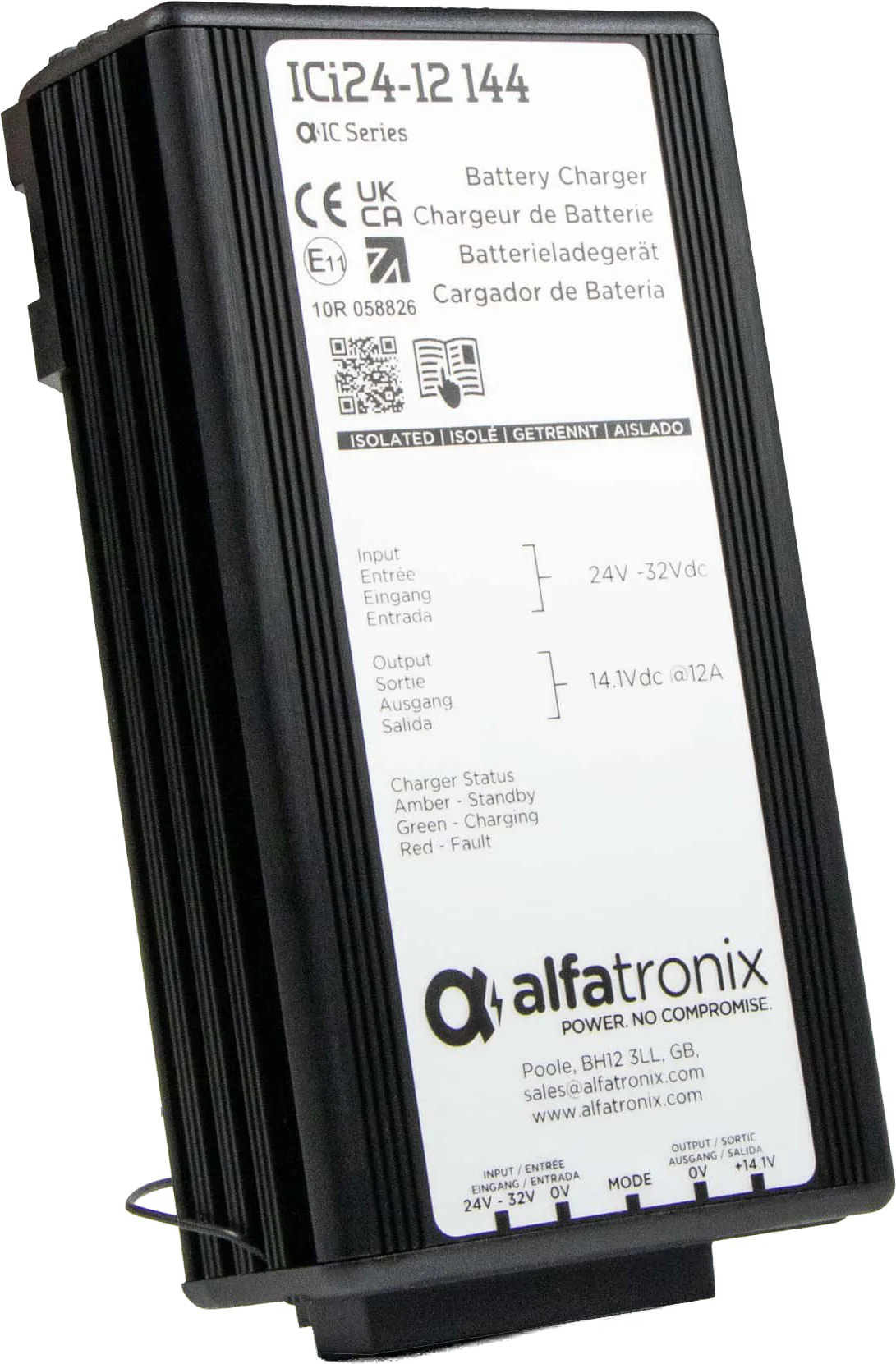 Alfatronix ICi24-12 144 intelligentes DC/DC-Batterieladegerät für Fahrzeuge mit schwarzem Kühlrippengehäuse und weißem Typenschild.