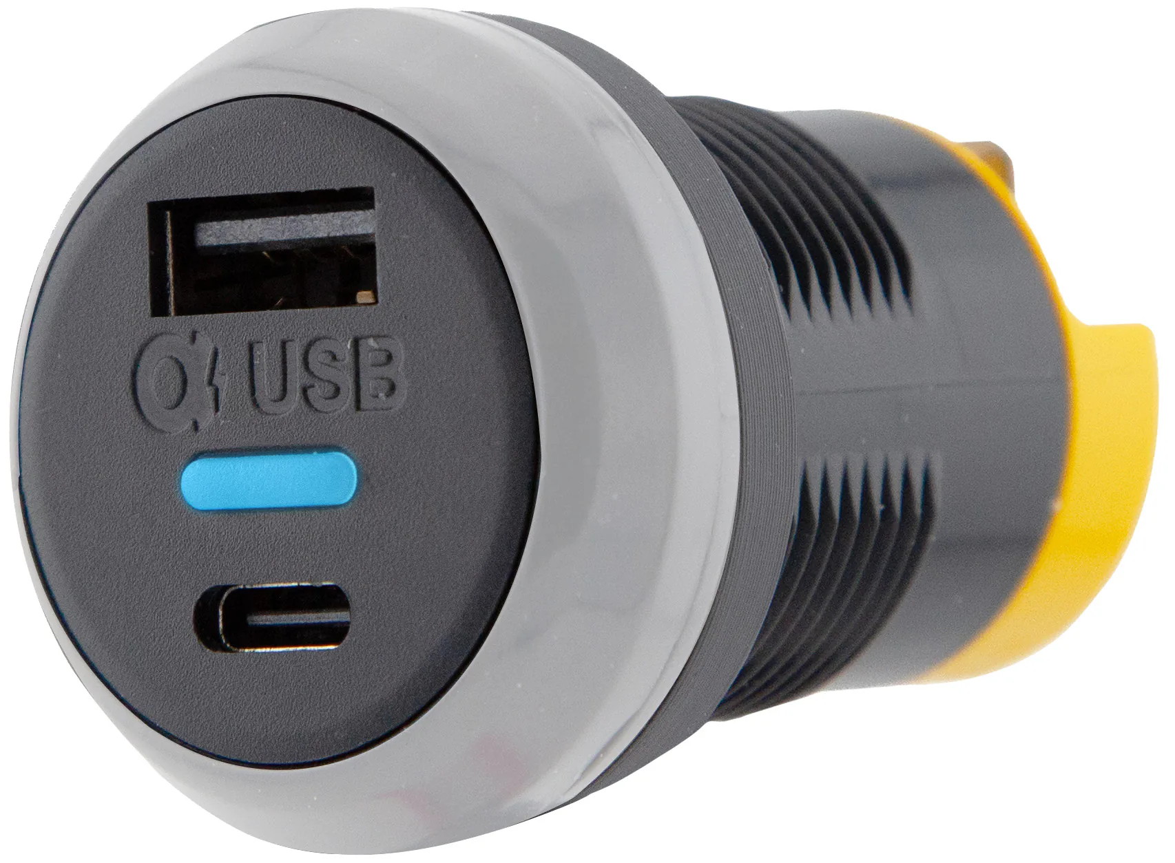 Alfatronix PV65R-AC USB-Ladegerät zum Fahrzeugeinbau mit runder Front, einem USB-A- und einem USB-C-Anschluss und blauer Anzeige.