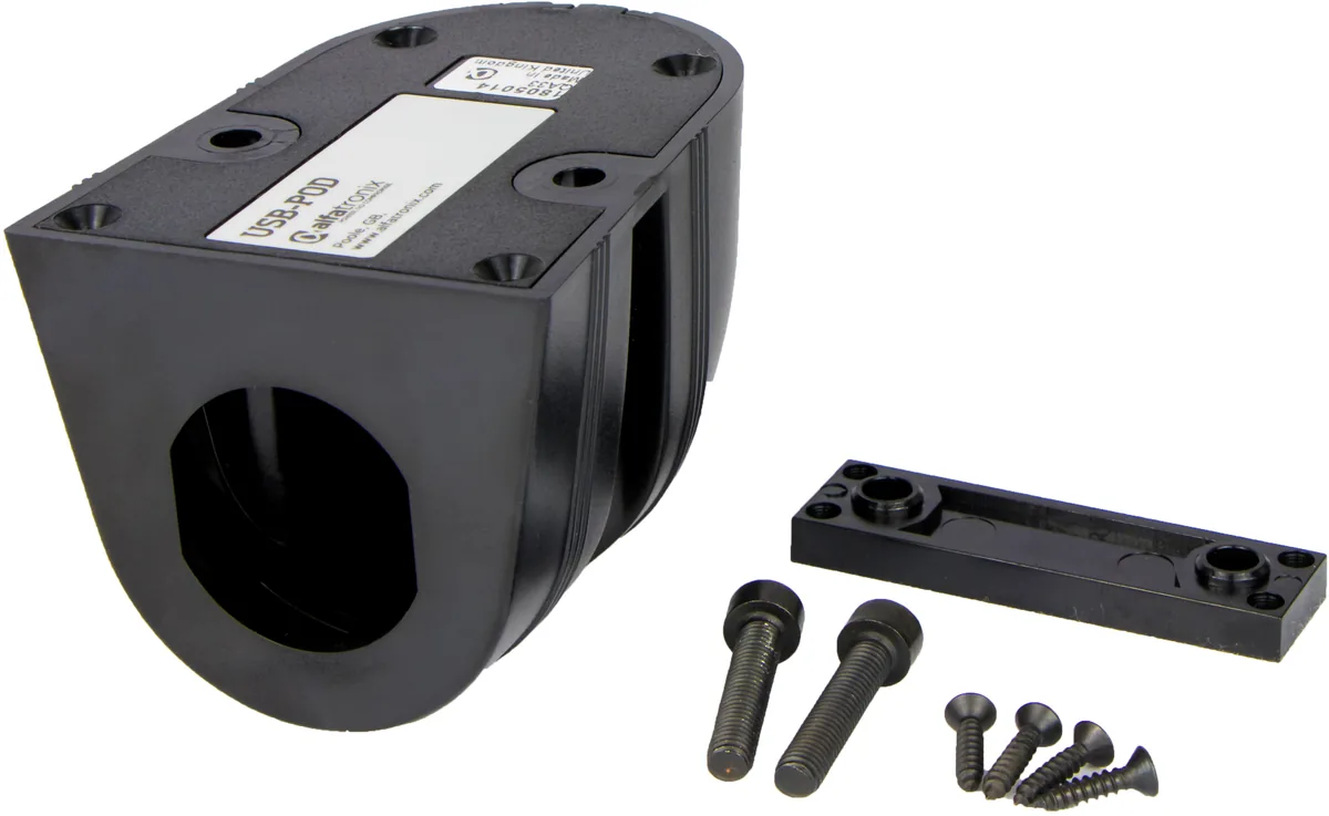 Alfatronix USB-POD Montagegehäuse für USB-Ladegeräte mit Halterung und Schrauben.