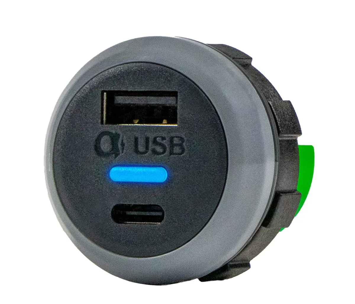 Alfatronix PRPWp-AC USB-Ladegerät für Schienenfahrzeuge mit USB-A und USB-C.