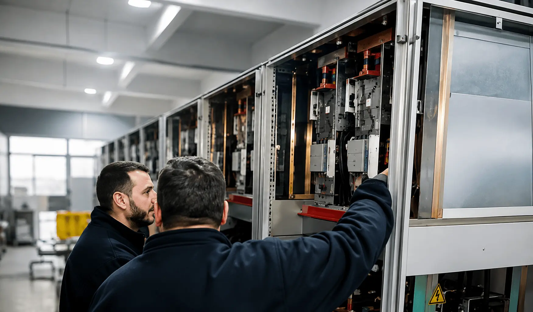 Zwei Techniker prüfen die Komponenten eines geöffneten Schaltschranks.
