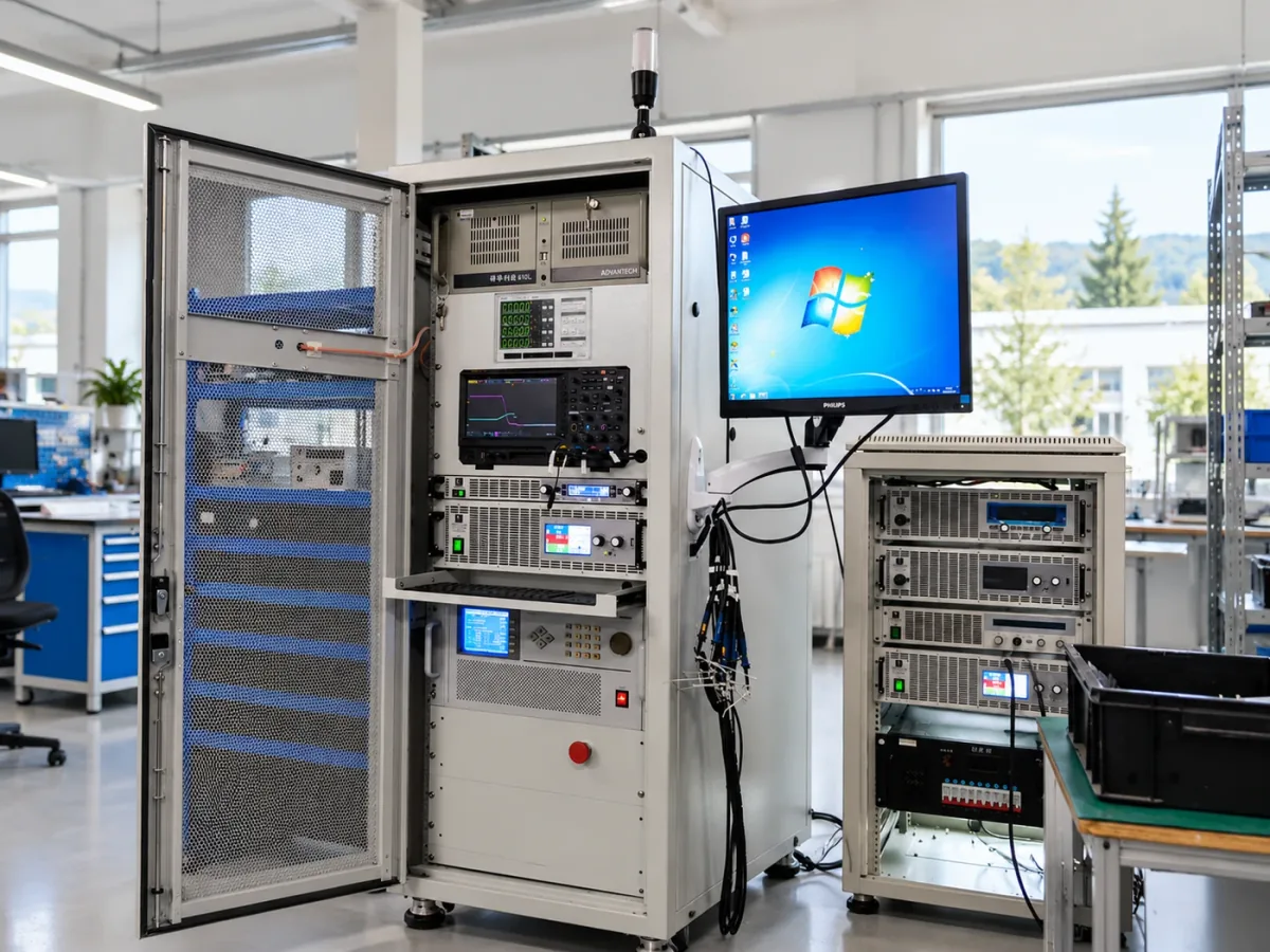 Prüfsystem mit Messgeräten, Steuerungsrechner und Bedienmonitor im Elektroniklabor