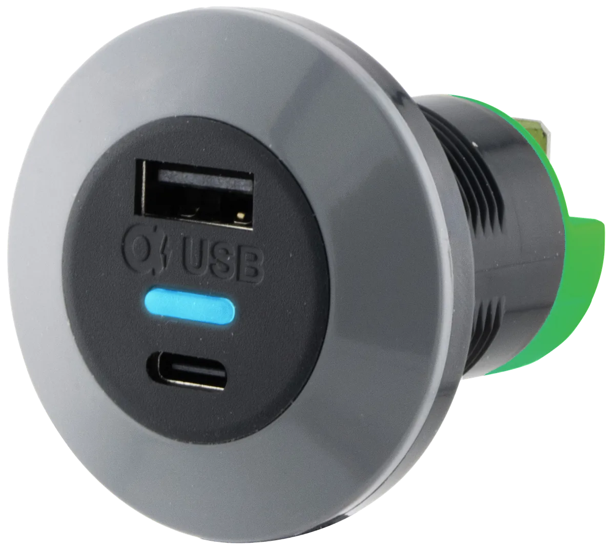 Alfatronix PR65R-ACFf USB-Ladegerät für Schienenfahrzeuge mit USB-A und USB-C zur Frontmontage.