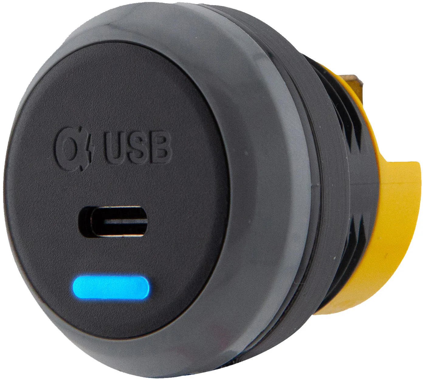 Alfatronix PVPWp-C USB-Ladegerät zum Fahrzeugeinbau mit runder Front, einem USB-C-Anschluss und blauer Anzeige.