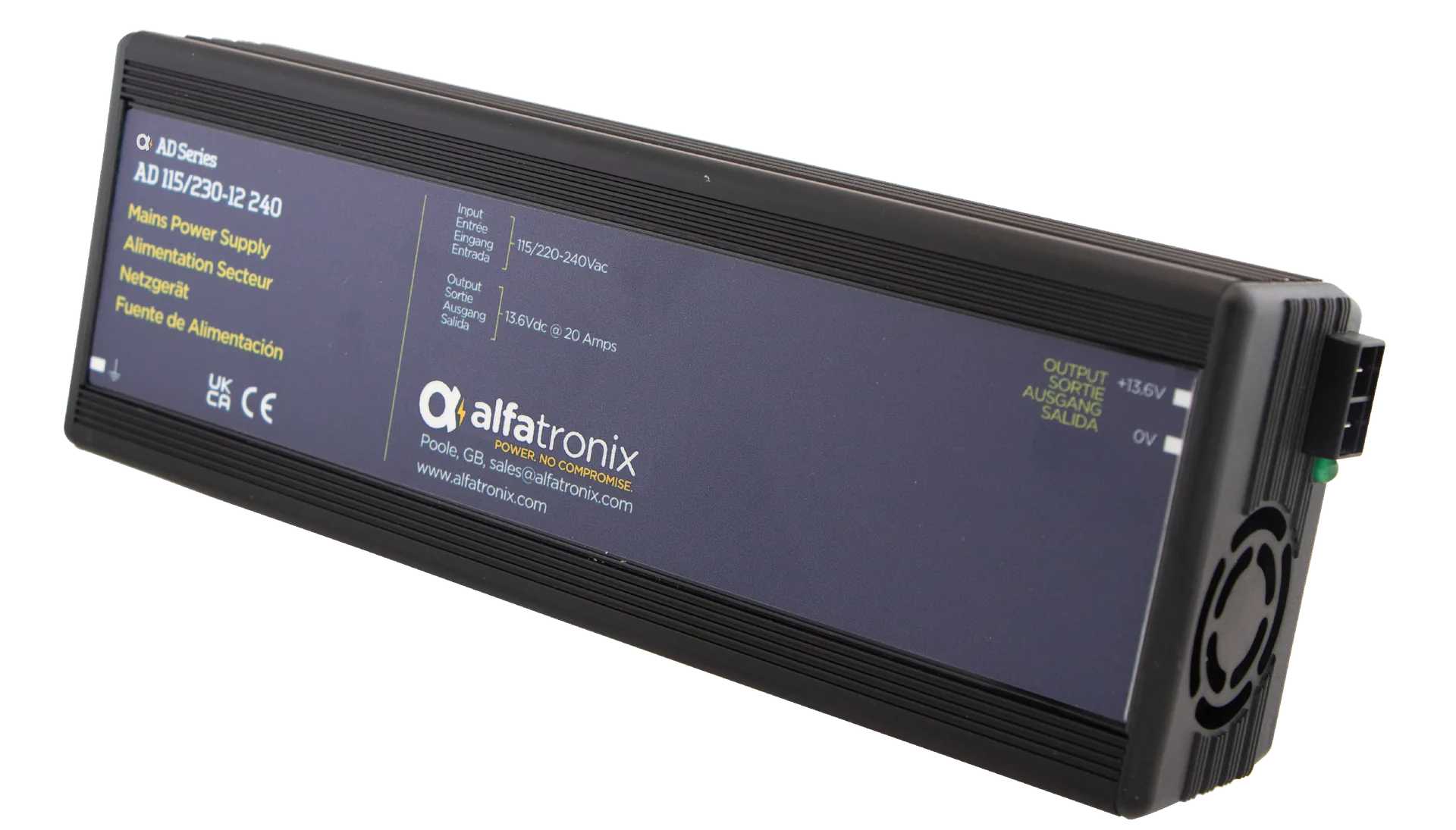 Alfatronix AD 115/230-12 240 AC-DC-Netzteil im schwarzen Metallgehäuse mit seitlicher Lüfteröffnung.