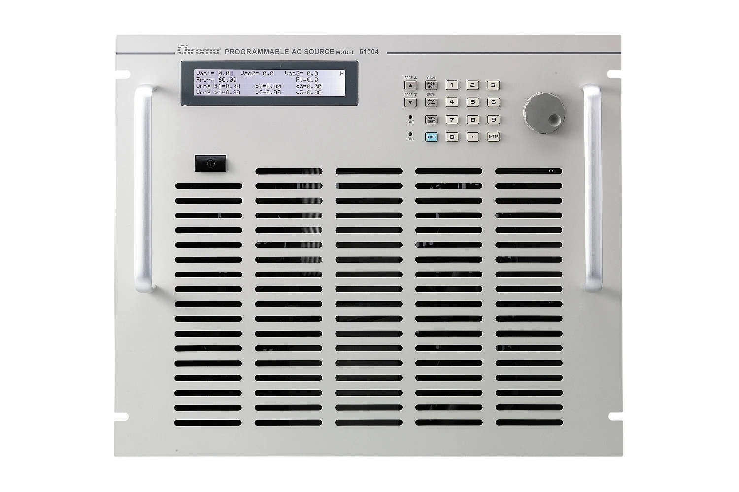 Serienabbildung, Frontansicht: Dreiphasige AC-Quelle Chroma 61700 mit Frontdisplay, Drehknopf und Lüftungsschlitzen für Dreiphasenversorgung, Netzteilprüfung und AC-Versorgungstests.