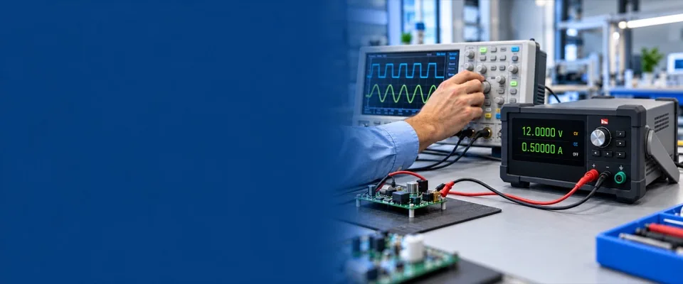 Elektronik-Prüfarbeitsplatz mit Oszilloskop, Labornetzgerät und angeschlossener Leiterplatte