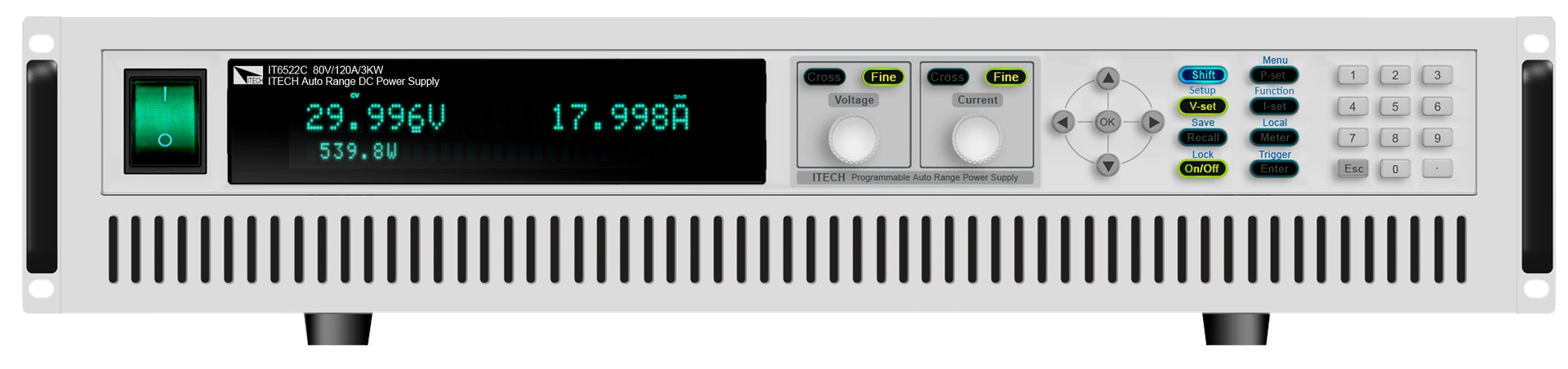 Serienabbildung ITECH IT6500: DC-Labornetzgerät in Frontansicht mit Display, Tastenfeld und Lüftungsschlitzen für Labortests und Elektronikprüfung.
