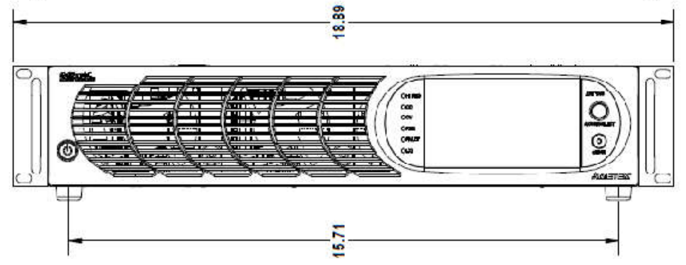 Technische Frontzeichnung einer California Instruments (AMETEK) Asterion AC in 2U-Bauform, Enhanced-Serienbeispiel für Netzsimulation, Labortests und automatisierte Prüfstände.