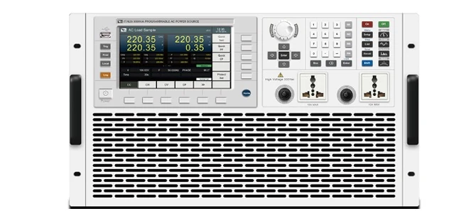 Serienabbildung ITECH IT7600: Programmierbare AC-Stromversorgung in Frontansicht mit Farbdisplay, Tastenfeld und Ausgangsbuchsen für AC-Prüfstände und Elektroniktests.