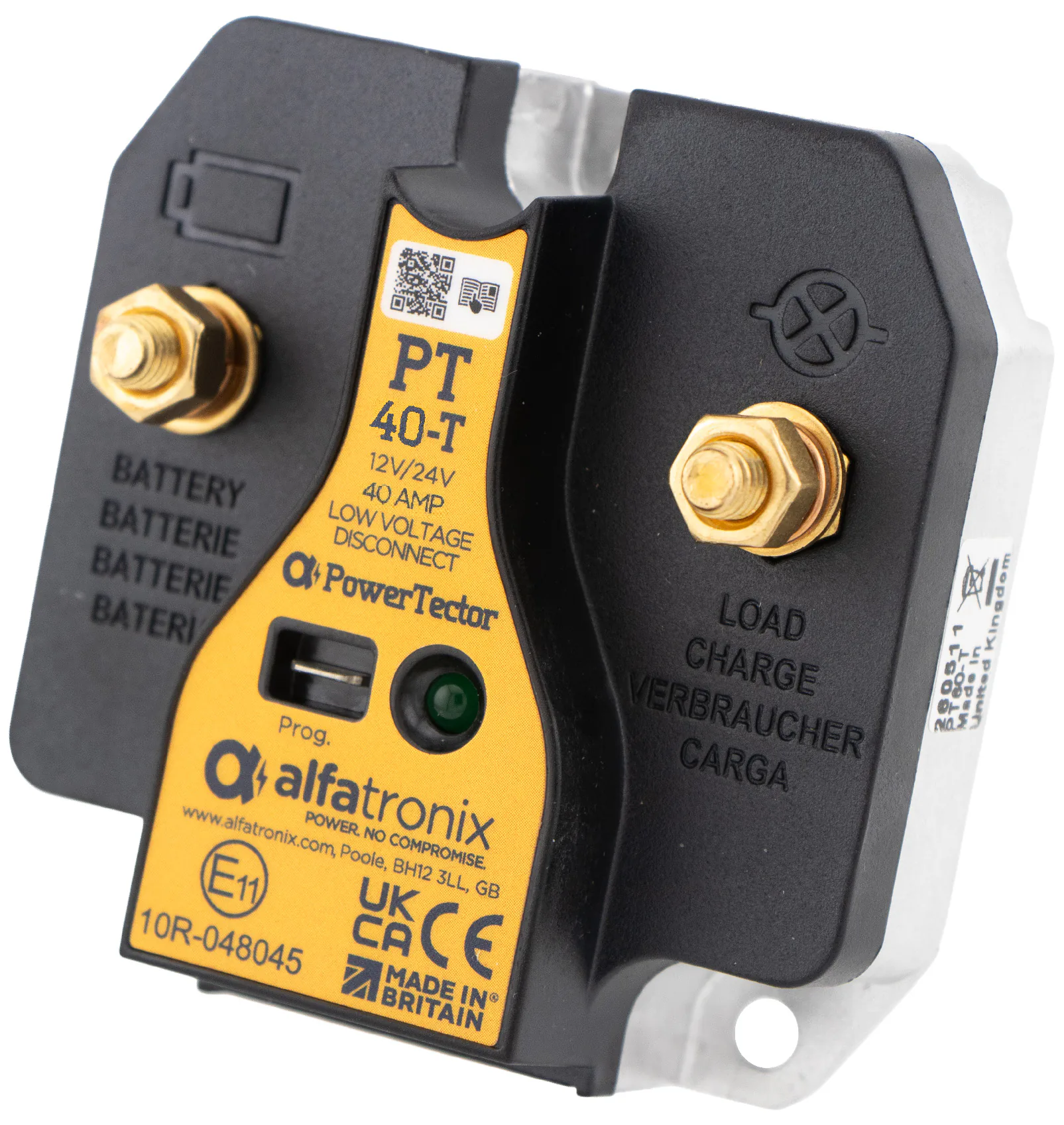 Alfatronix PowerTector PT40-T Batterieschutz gegen Tiefentladung mit gelbem Typenschild und zwei Schraubanschlüssen.