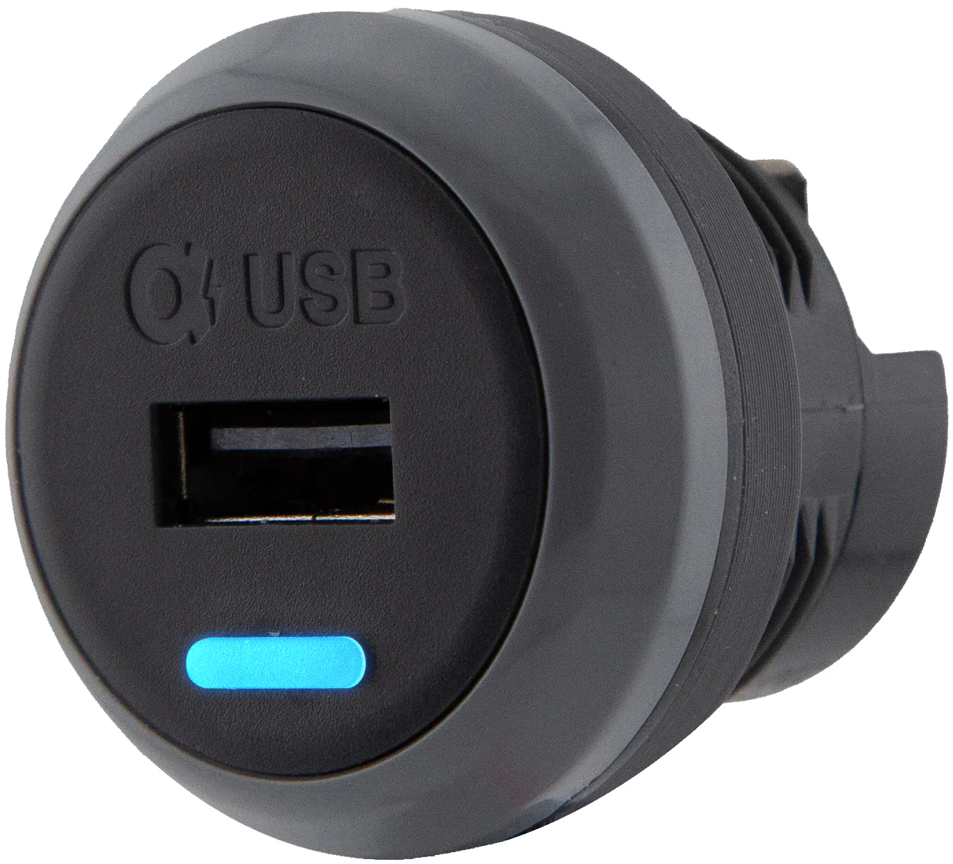 Alfatronix PVPro-A USB-Ladegerät zum Fahrzeugeinbau mit runder Front, einem USB-A-Anschluss und blauer Anzeige.