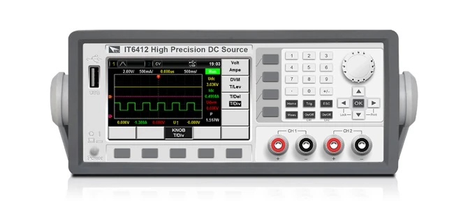 Serienabbildung ITECH IT6400: Bipolare DC-Stromversorgung in Frontansicht mit Farbdisplay und Ausgangsbuchsen für Batteriesimulation und Elektroniktests.