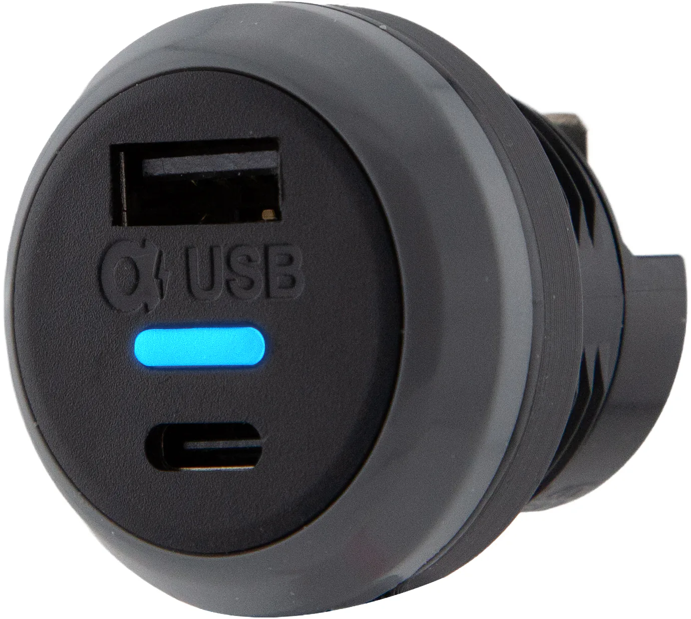 Alfatronix PVPro-AC USB-Ladegerät zum Fahrzeugeinbau mit runder Front, einem USB-A- und einem USB-C-Anschluss und blauer Anzeige.