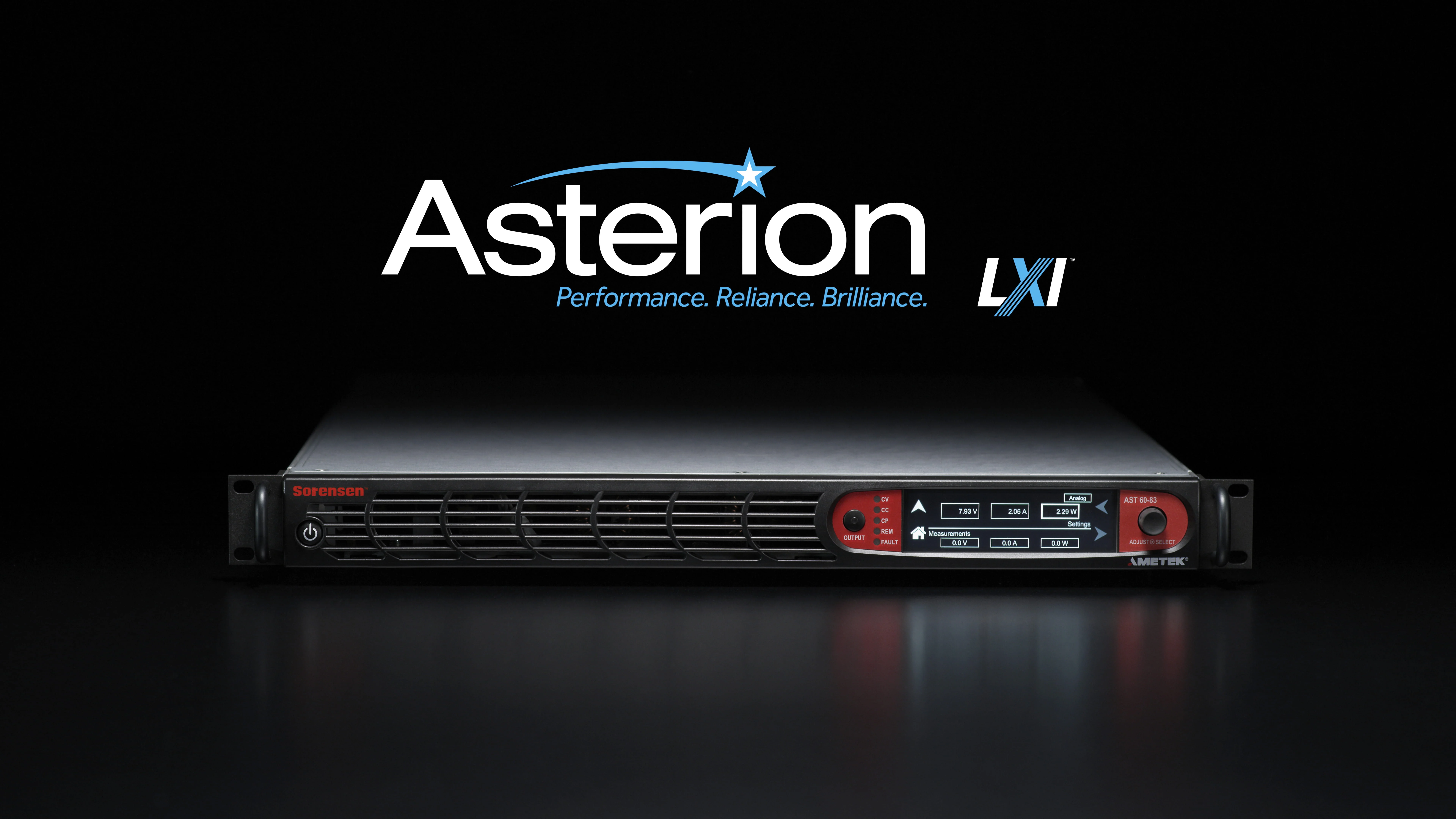 Programmierbares Sorensen (AMETEK) Asterion DC-Netzgerät für Elektronikprüfung, Batterieladung und automatisierte Produkttests, mit Asterion-Schriftzug und LXI-Logo.