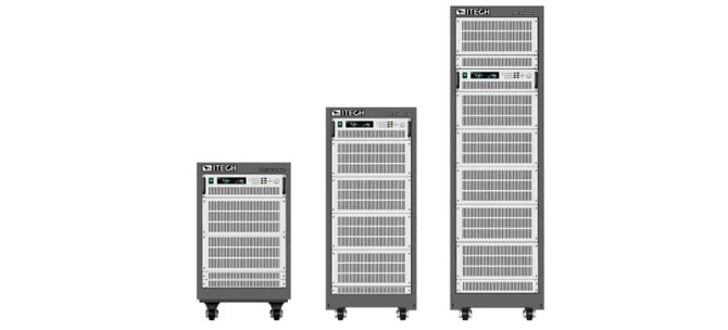 Serienabbildung ITECH IT8900: elektronische DC-Lasten in drei unterschiedlich hohen Geräteschränken für Netzteilprüfung und Lasttests.