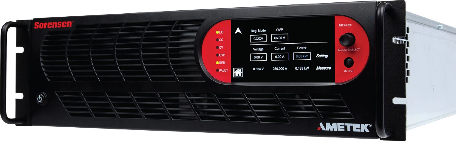 Serienbild eines Sorensen (AMETEK) SGX DC-Netzgeräts für Elektronikprüfung, Burn-in-Tests und Automotive-Komponententests, Front mit rotem Bedienfeld in 3-HE-Bauform.