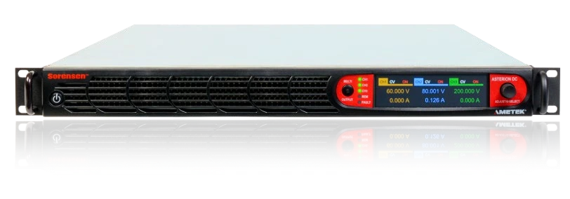 Sorensen (AMETEK) Asterion ASA Mehrkanal-DC-Netzgerät für Elektroniktests und automatisierte Prüfsysteme (ATE), schräge Frontansicht mit Touch-Bedienfeld; Serienabbildung.