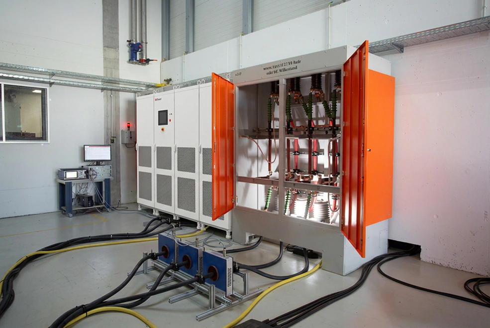 BriPower-Systemschrank neben geöffnetem Prüfaufbau mit orangefarbenen Türen für Mittelspannungsprüfung und Leistungselektroniktests.