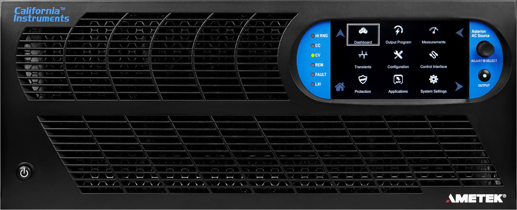 Front einer California Instruments (AMETEK) Asterion AC-Quelle in 4U-Bauform als Serienbeispiel für Netzsimulation, Labortests und automatisierte Prüfstände.