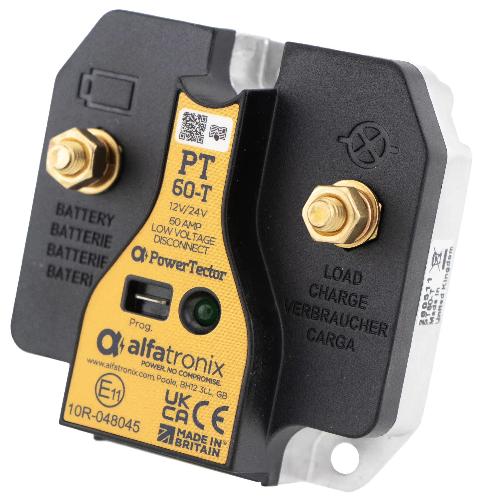 Alfatronix PowerTector PT60-T Batterieschutz gegen Tiefentladung mit gelbem Typenschild und zwei Schraubanschlüssen.