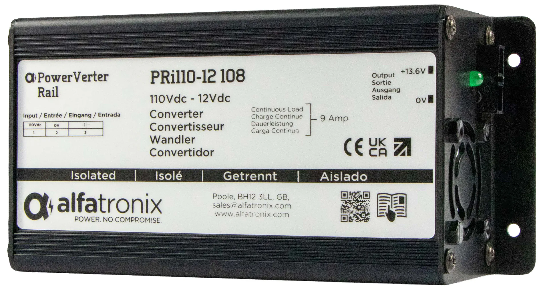Alfatronix PRi110-12 108 DC/DC-Spannungswandler mit weißem Typenschild und seitlicher Befestigungsplatte.