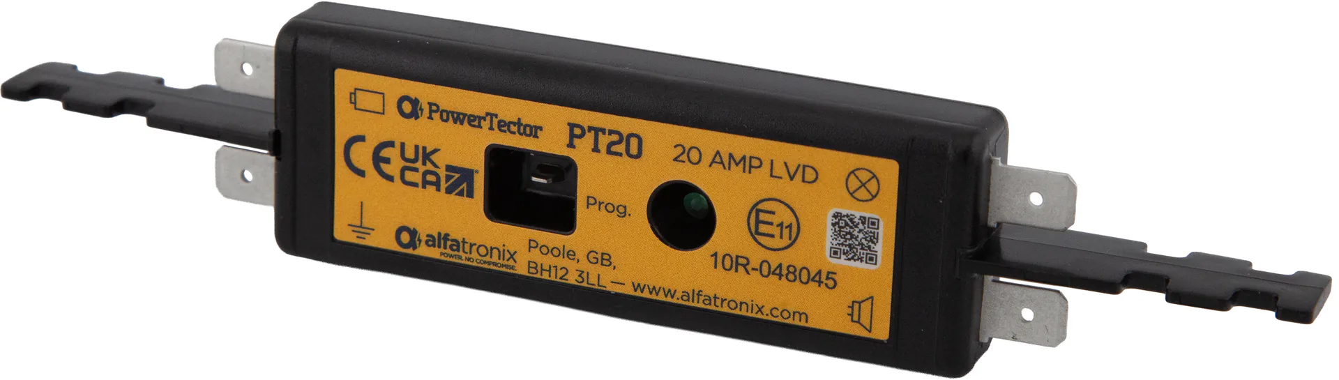 Alfatronix PowerTector PT20 Batterieschutz gegen Tiefentladung im schmalen schwarzen Gehäuse mit gelbem Typenschild und Flachsteckanschlüssen.