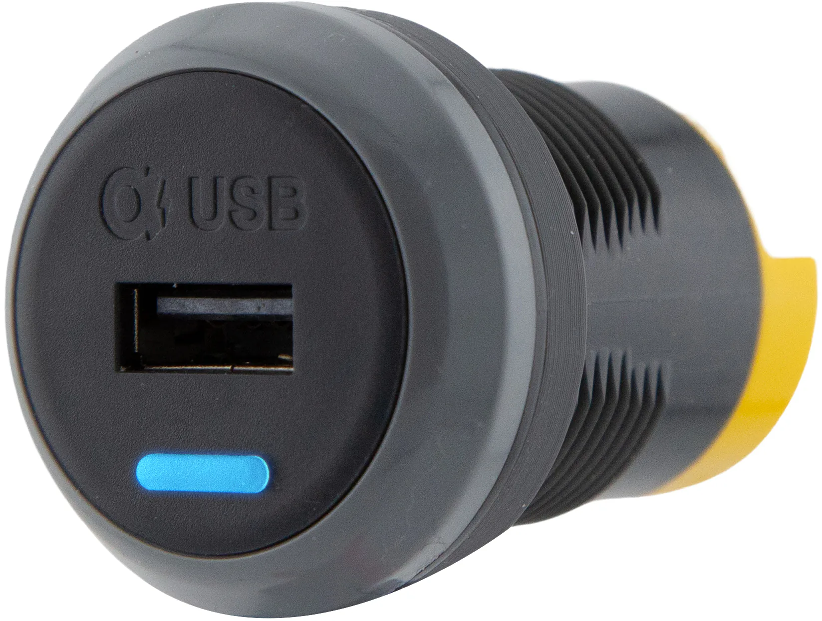 Alfatronix PV65R-A USB-Ladegerät zum Fahrzeugeinbau mit runder Front, einem USB-A-Anschluss und blauer Anzeige.