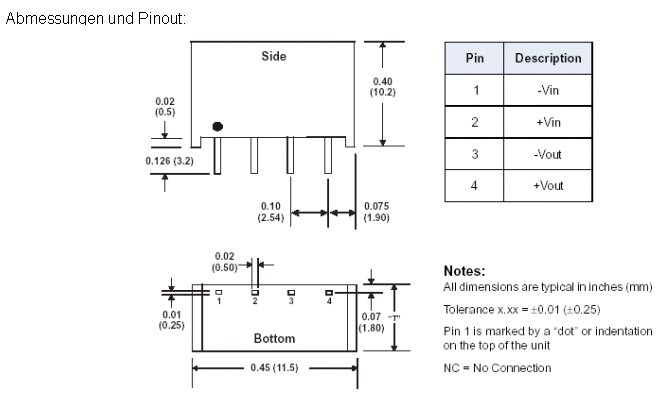 Anschlusszeichnung zu MicroPower Direct E133: DC/DC-Wandler im SIP-Gehäuse für industrielle Stromversorgung im OEM-Gerätebau.