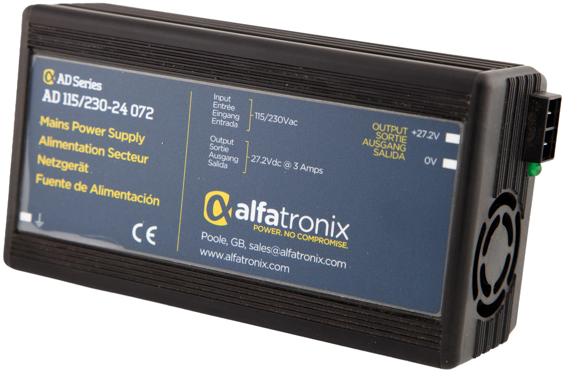 Alfatronix AD 115/230-24 072 AC/DC-Netzteil zur Stromversorgung im schwarzen Gehäuse mit frontseitigem Typenschild, schräg von vorn.