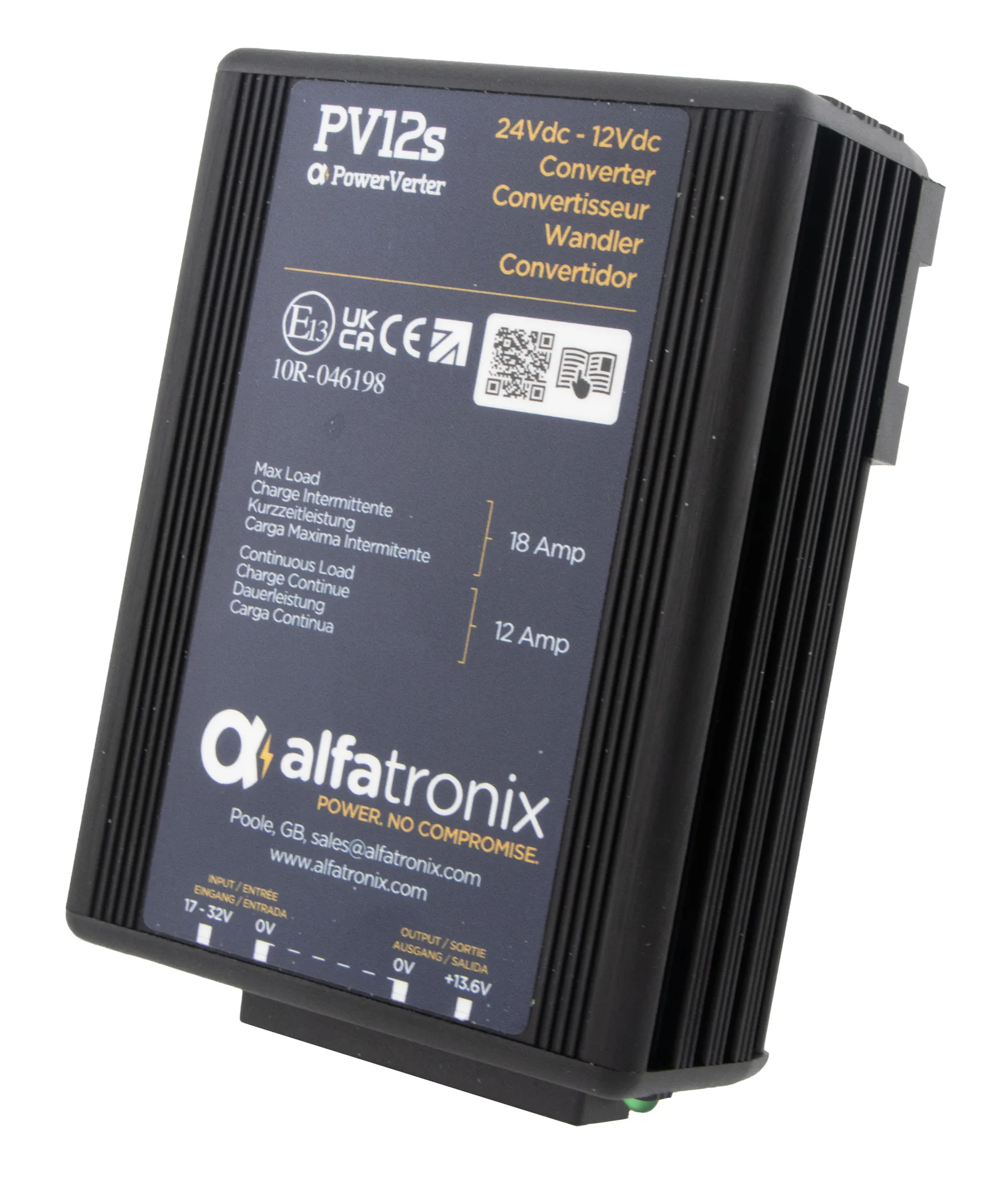 Alfatronix PV12s DC/DC-Spannungswandler mit schwarzem Kühlrippengehäuse und sichtbarem Typenschild.