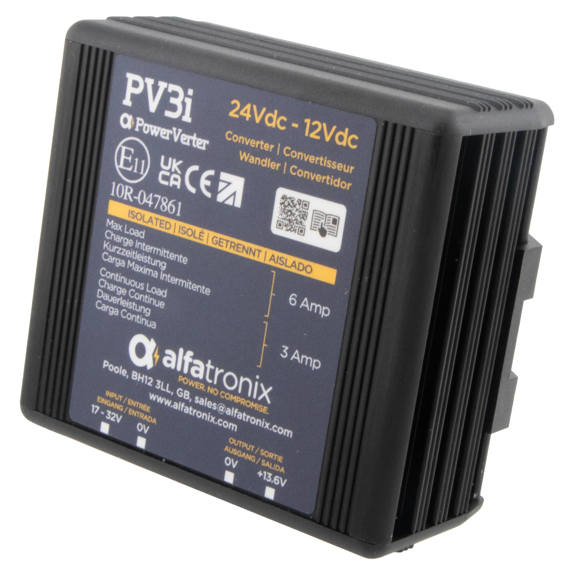 Alfatronix PV3i DC-DC-Spannungswandler im schwarzen Kühlrippengehäuse mit sichtbarem Typenschild.