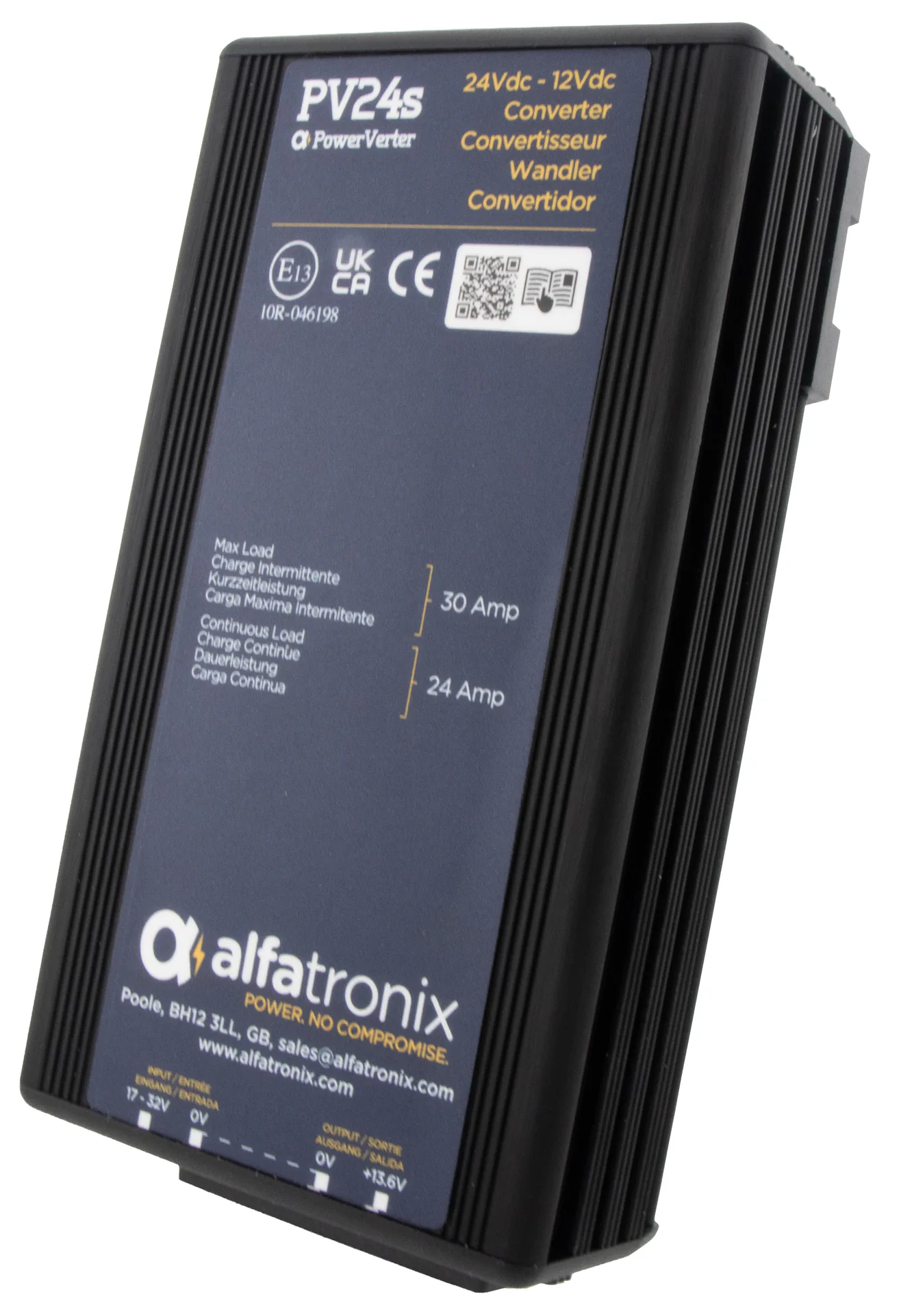 Alfatronix PV24s DC/DC-Spannungswandler mit schwarzem Kühlrippengehäuse und sichtbarem Typenschild.