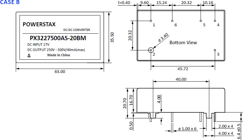 PX3227500AS-20xM | DC/DC | Ein: 21-33 V DC | Aus: 250-500 V DC | Powerstax