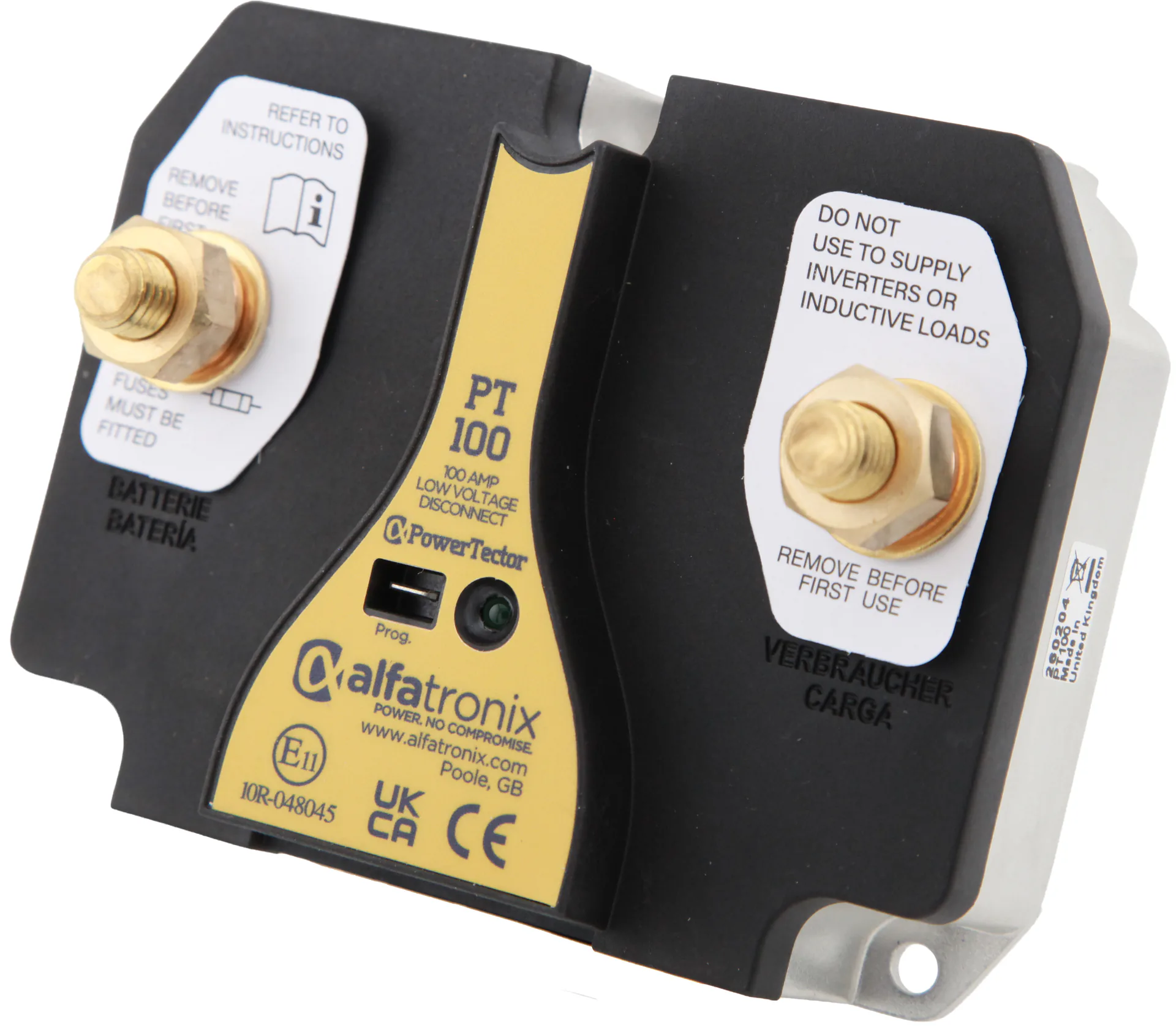 Alfatronix PowerTector PT100 Batterieschutz gegen Tiefentladung mit gelbem Typenschild und zwei Schraubanschlüssen.
