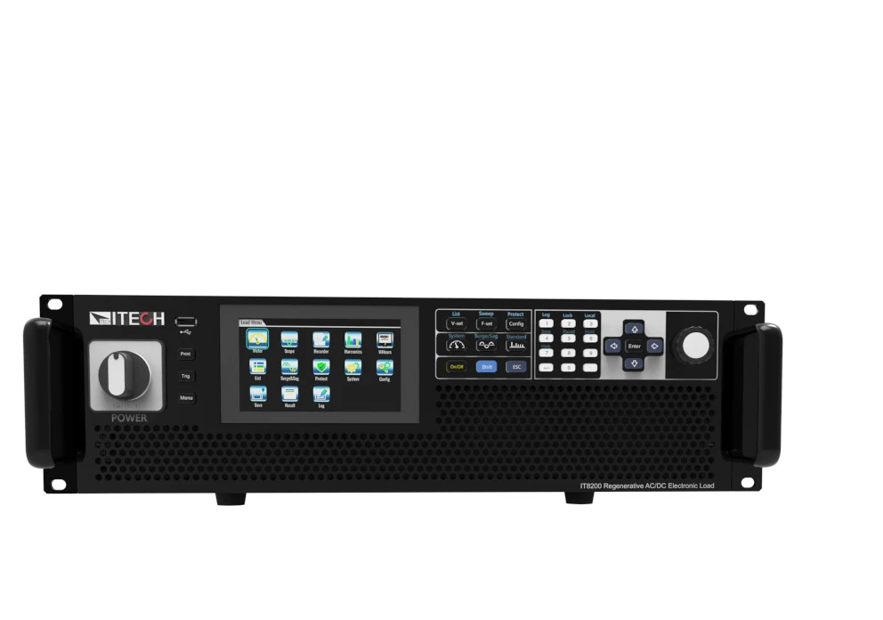 Serienabbildung ITECH IT8200: Elektronische AC/DC-Last in Frontansicht mit Display, Tastenfeld und Griffen für Netzteilprüfung und AC-Lasttests.