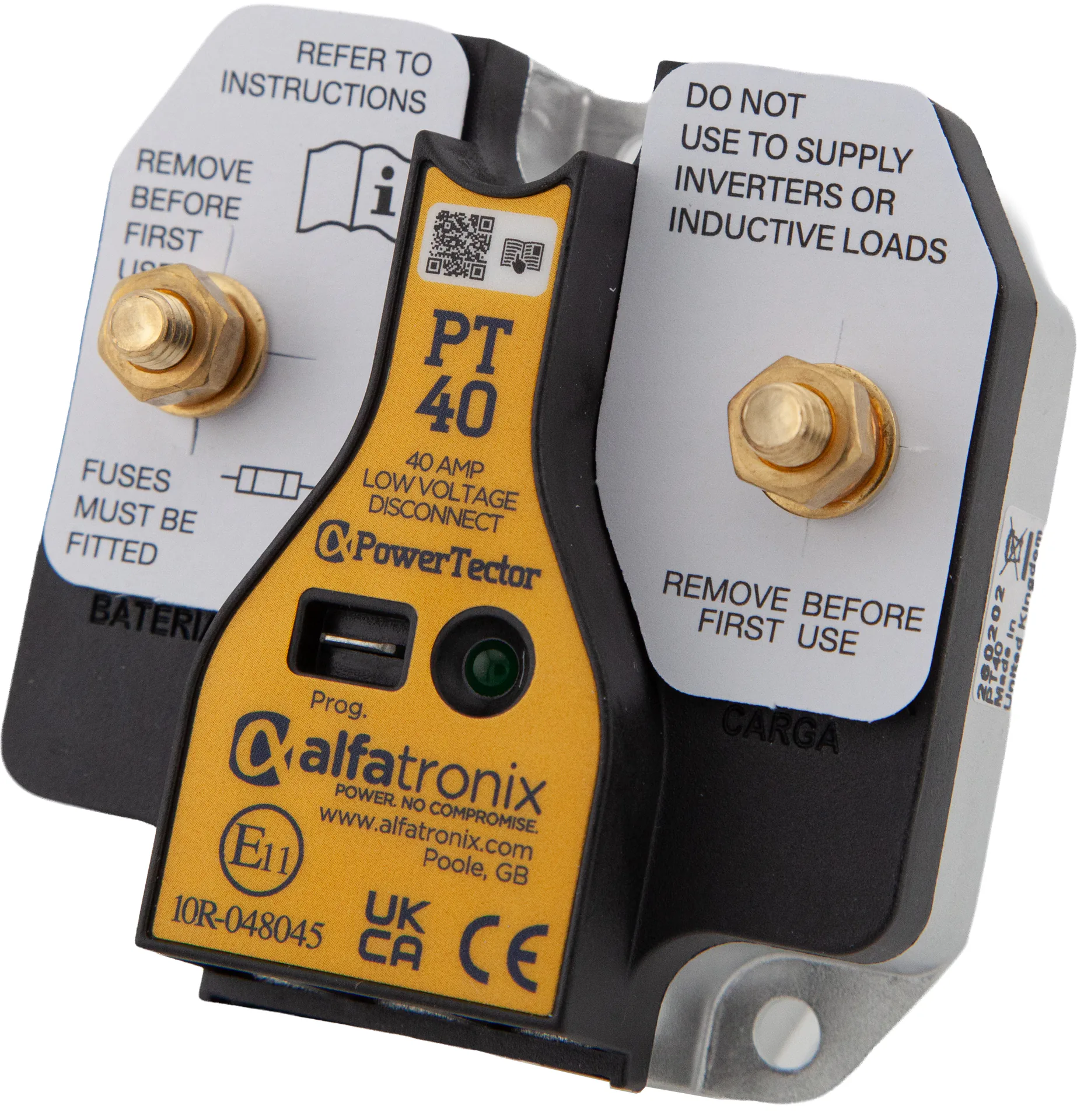 Alfatronix PowerTector PT40 Batterieschutz gegen Tiefentladung mit gelbem Typenschild und zwei Schraubanschlüssen.